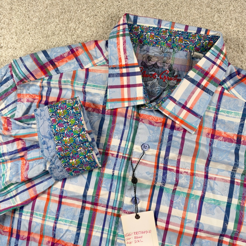 NEW Robert Graham Button Down Mens 2XL Blue Plaid Floral Jacquard RR171009CF